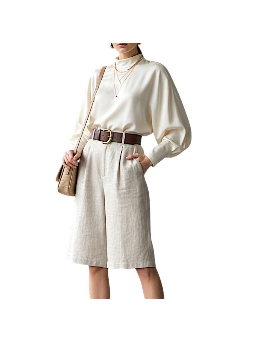 Pure linen beige pleated minimalist old money quiet luxury long knee shorts S